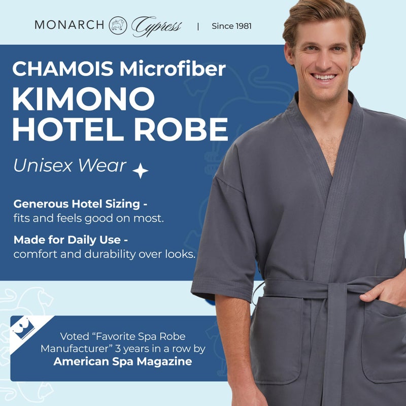 MONARCH Chamois Microfiber Spa Kimono Robe for Men or Women â€“ Soft Lightweight Fabric with Classic Kimono Design, Generously Sized Hotel & Spa Robe with Pockets â€“ Machine Washable (Charcoal, Large) - Image 2